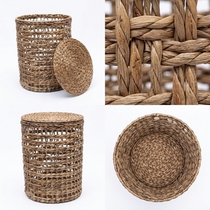 Natural Water Hyacinth Storage <b>Basket</b> <b>With</b> <b>Lid</b> Tall Cylinder Open Grid Weave Laundry Hamper Bin Pure Art Setup Room Decor Crafts - Product Image 2