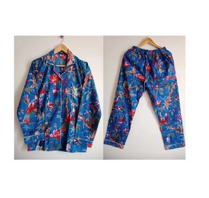 Ensemble de pyjama indien fait à la main en coton pour femmes robe de nuit imprimée oiseau floral vêtements de nuit bleus caractéristiques sexy d'été - Product Image 1