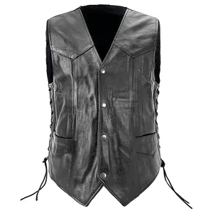 2023 Black Motorcycle Leather Vest with Side Lace for Men Real Genuine Cowhide (Black, Large) Leather Motorcycle Vest