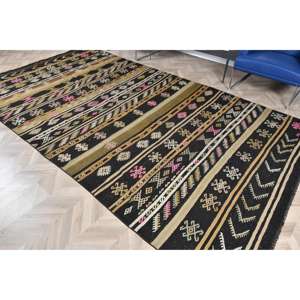 Tapis vintage 6,46 x 11,7 pieds, tapis Kilim, tapis persan noir en laine - Product Image 5