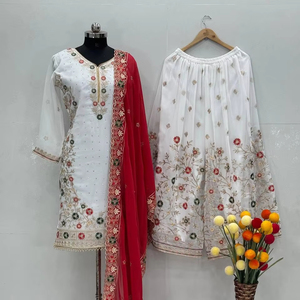 New Heavy Designer Party Wedding Wear Faux Georgette Embroidery Sequence & Hand Work <b>Top</b> and Palazzo With Sequence Work Dupatta - Product Image 1