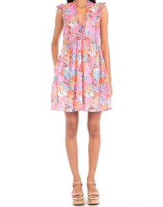 Robe mini en mousseline à imprimé floral, bretelles spaghetti, sans manches, col en V, coupe trapèze, taille naturelle, 100% coton, infroissable, été - Product Image 5
