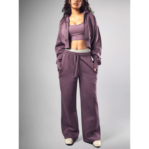 2025 Top Premium Quality Solid Streetwear Women's <b>Tracksuit</b> Two-Piece Cropped Hoodie Flared Sweatpants <b>Winter</b> Wear - Product Image 5