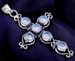 Colgante de Cruz de opalita lechosa brillante hecho a mano, joyería religiosa espiritual de plata Vintage, piedras preciosas antiguas para hombres y mujeres - Product Image 2