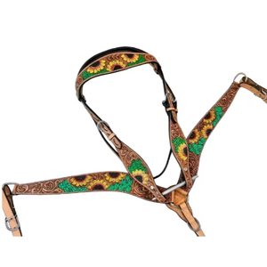 Juego de arreos de cuero repujado con diseño de girasol amarillo y cactus verde, juego de cabezada, pechera y brida para caballo estilo western, tamaño completo/mediano - Product Image 1