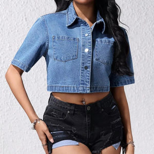 Women's <b>Short</b> <b>Sleeve</b> Denim <b>Jacket</b> <b>Short</b> Blue Button Long <b>Sleeve</b> Fashion Casual Style for Young Women - Product Image 2