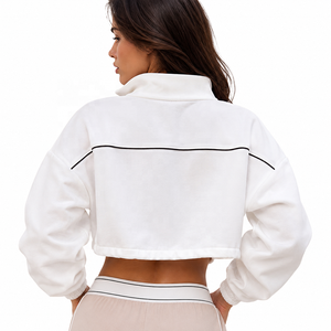 Sweat-shirt court zippé personnalisé pour femme, à manches longues, col montant, bordure contrastante, pull décontracté, coupe ample, style mode - Product Image 3