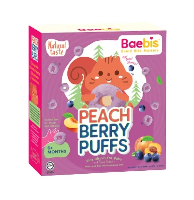 Baebis 100% đào tự nhiên Berry Puffs bé gạo Biscuit bé đồ ăn nhẹ Đóng gói với các chất dinh dưỡng & vitamin