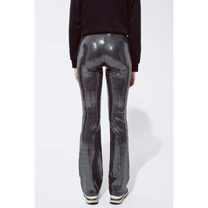 Leggings évasés en tissu argenté métallisé, effet ventre plat, push-up, chauds; en nylon et élasthanne tricotés extensibles, style décontracté, taille confortable - Product Image 4