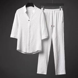 Conjunto de dos piezas con botones para hombre, camisa y pantalones informales de verano, traje para hombre, chándal de Color sólido, ropa de ocio - Product Image 4