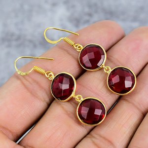 Boucles d'oreilles pendantes rondes en cristal grenat plaqué argent, style bohème fait main, tendance du moment, pour femme, idéales pour un anniversaire - Product Image 1