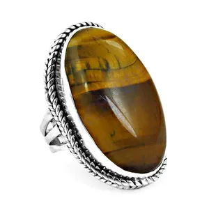 Anillo de Plata 925 con Ojo de Tigre para Mujer, Chapado en Rodio, Gema Ovalada, Patrón Geométrico, Oro Amarillo con Incrustaciones Talladas para Bodas - Product Image 3
