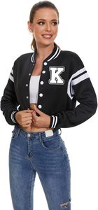 Veste universitaire de baseball vintage pour femme avec lettre imprimée College Coat Crop Top Blouson bombardier respirant teint uni - Product Image 3