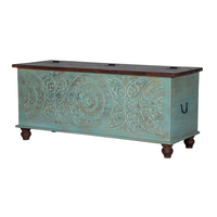 Table basse de salon en bois massif rustique, finition bleu verdâtre antique, bois de mangue sculpté à la main avec coffre de rangement