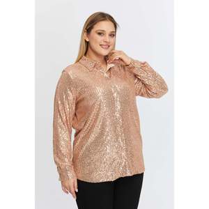 RMG Plus Size Elegant Bronze <b>Sequin</b> Embellished Woven Blouse Shirt for Women - Comfortable Loose Fit Long Sleeve <b>Top</b> - Product Image 2