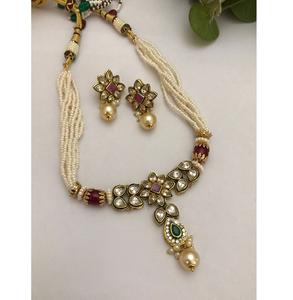 Luxurious Premium Quality Gold Plated Kundan Polki Look <b>Necklace</b> Set With Earrings for Wedding Wear Collection For Women - Product Image 1