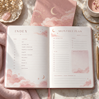 Carnet LABON personnalisé Cloudscape en similicuir rose poudré avec feuille d'or, motif lune et ciel, aquarelle pastel