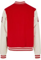 Chaqueta universitaria roja y blanca de alta calidad con logotipo personalizado para hombre, bombardero de béisbol con letras universitarias, puños acanalados con cuello de plumón