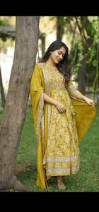 Heavy Designer Party Wear Pure Cotton Beautiful Sanganeri Printed Anarkali <b>Kurta</b> With Elegant Flaired and Pant Dupatta - Product Image 2