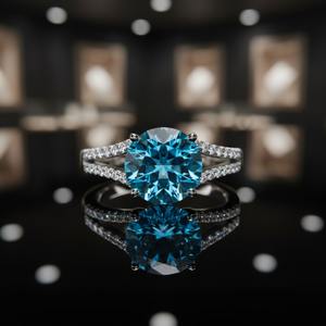 Bague de fiançailles en argent sterling 925, sertie à griffes, avec topaze bleue naturelle de style vintage chrétien, taille brillant, fabrication artisanale, certifiée par un tiers - Product Image 1