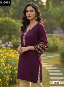 Nuevo diseñador de ropa diaria e informal para mujer, Kurtis cortos de rayón pesado y parte superior con hermoso trabajo de bordado, Kurtis cortos de bajo precio - Product Image 3