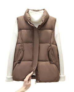 Chaleco de invierno para mujer, Chaqueta corta acolchada con cuello levantado, chaleco esponjoso grueso, Color sólido, sin mangas, cálido - Product Image 5