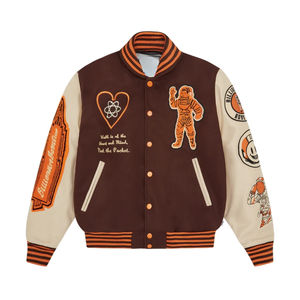 Blouson universitaire personnalisé pour homme en toile et laine, avec logos brodés et patchs en cuir véritable, grande taille, décoration hivernale en cristal - Product Image 1