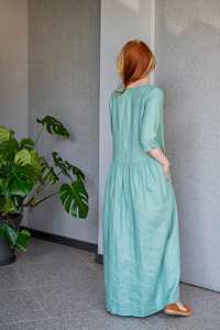 ชุดเดรสแมกซี่ผ้าลินินสไตล์คลาสสิกสไตล์โบฮีเมียนสุดโรแมนติกสำหรับผู้หญิงตกแต่งด้วยกระดุมและเทอร์คอยส์มีกระเป๋าขนาดใหญ่พิเศษ - Product Image 5