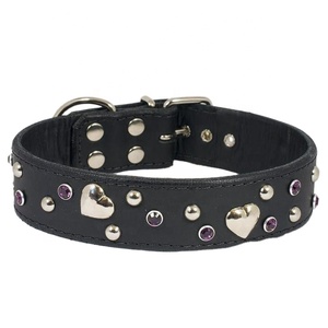 Hot Selling Genuine Leather Handmade Dog Collar With Rhinestone & Heart <b>Studs</b> Work Manufacturer Supplier & Wholesaler - Product Image 1