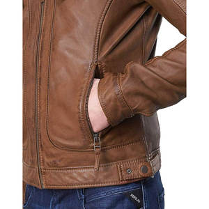 Veste en cuir de motard marron premium, veste bomber en cuir de moto marron classique asymétrique avec ceinture, veste authentique pour homme - Product Image 6