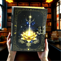 Diario de cuero de loto dorado impreso, libro hecho a mano de Shadows Witchy Grimoire, diario de escritura de tapa dura mágica y cuaderno de hechizos