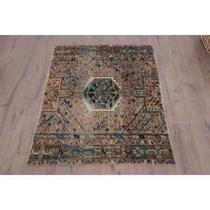 Turkish Vintage Small Rug 2.8x3.3 ft, <b>Brown</b> Floral Rug <b>Wool</b> - Product Image 1