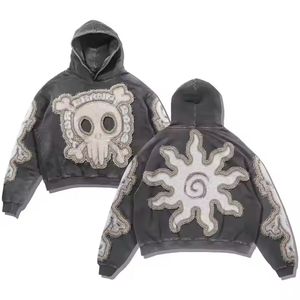 Top Selling Winter Acid <b>Wash</b> Men's Hoodies Oversized Heavy Polyester/Cotton Retro Distressed Patch Embroidery Fleece - Product Image 5