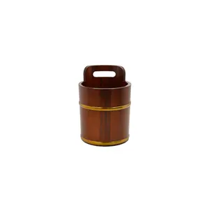 Enfriador de vino de madera antiguo con mate para forma redonda y borde de acero con pieza de diseño redondo con color madera natural