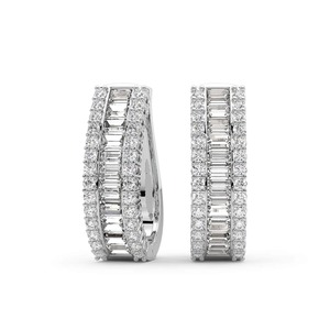 Chunky Baguette Round Lab Grown Diamond Hoop Earrings 4 Ct Tw F-G Color VS Clarity 78 Diamonds 14K <b>Solid</b> <b>Gold</b> <b>Huggie</b> Style - Product Image 3