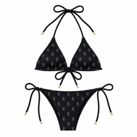 Zwarte halterbikini met dollar-tekenprint voor dames, tweedelig zwempak met strik aan de zijkant