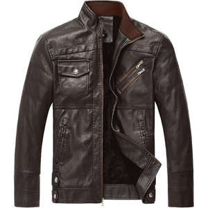 Chaqueta de piel sintética con cuello levantado Vintage para hombre, abrigo de invierno para motociclista, forro polar, bolsillos para puños con cremallera de talla grande - Product Image 1