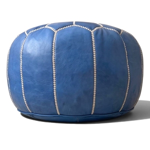 Blue Moroccan Leather Pouf Ottoman Handmade <b>Stitched</b> <b>Cushion</b> Seat for Bedroom Living Room Hotel - Product Image 2