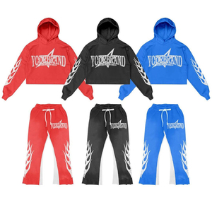 Vente en gros de vêtements de sport pour hommes, sweat à capuche et pantalon évasé à taille élastique, sérigraphie et patch personnalisés, survêtements de travail pour hommes - Product Image 2