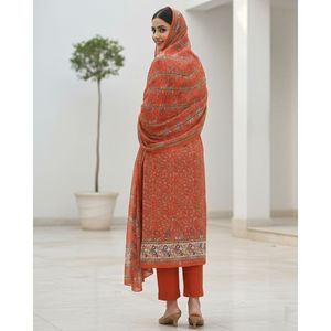 Ensemble de tenue festive pour femmes en coton et mousseline imprimé Paisley, 3 pièces, non cousues, longueur genoux, été - Orange - Product Image 2