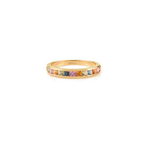 Bague demi-éternité unisexe en or jaune 14 carats, sertie de saphirs multicolores arc-en-ciel, faite à la main, empilable, bijoux en pierres précieuses - Product Image 1