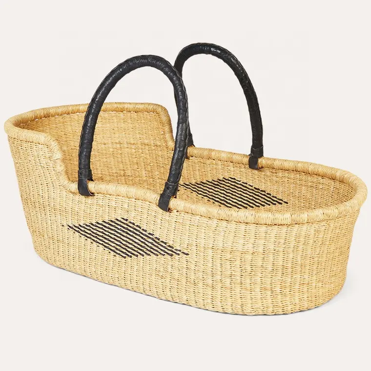 Vietnam wholesale natural seagrass baby moses basket with leather handles baby boho organic changing basket mose