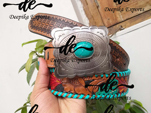 High Quality <b>Leather</b> Belts Hand <b>Tooled</b> Carving Stylish Turquoise Color Belts - Product Image 4