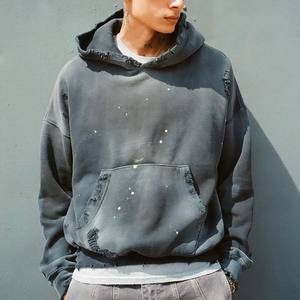 Pull-over 100% en coton surdimensionné pour hommes, sweat à capuche vintage vieilli, délavé au soleil, style délavé à l'acide, sweat-shirts à capuche déchirés - Product Image 2