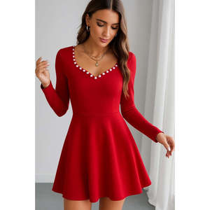 Women's Long-Sleeved Pearl Collar <b>Short</b> Imported Crepe <b>Dress</b>, 27726 - <b>Red</b> - Product Image 1