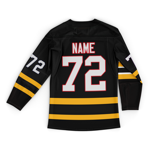 Maillot de hockey blanc, noir et jaune, personnalisé, sublimé, grand logo, uniforme d'équipe, col en V, manches longues, nom et numéro de joueur personnalisés - Product Image 4