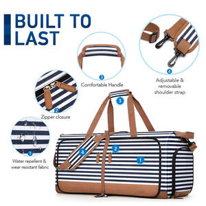 Sac de Sport <b>Striped</b> Duffel Bag – Navy <b>Blue</b> & <b>White</b> with Brown Accents, Stylish Sports & Travel Bag - Product Image 5