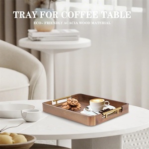 Plateau de service et d'organisation rectangulaire en bois massif de qualité supérieure avec poignées métalliques, finition lisse, pour cuisine, table basse, décoration intérieure - Product Image 5