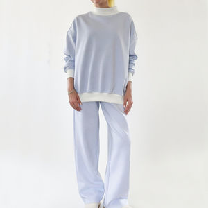 Ensembles personnalisés de haute qualité pour femmes en coton doux polaire rayé goutte épaule Baggy pull col montant sweat - Product Image 6