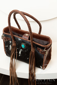 Handcrafted Hair on Cowhide Leather <b>Fringe</b> Turquoise Stone Western Tote Purse Handmade Genuine Leather Luxury Handbag for Women - Product Image 5